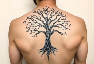 mystical tree of life with cosmic roots and celestial branches tattoo idea