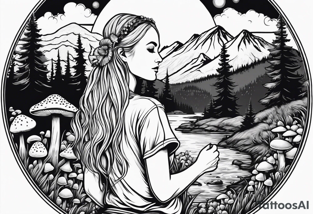 Whole picture encircled fully

Straight long blonde hair hippie girl in distance holding mushrooms in hand facing away toward mountains and creek surrounded by mushrooms tee shirt and hiking pants; whole rendering within a full circle, no cut off circle tattoo idea
