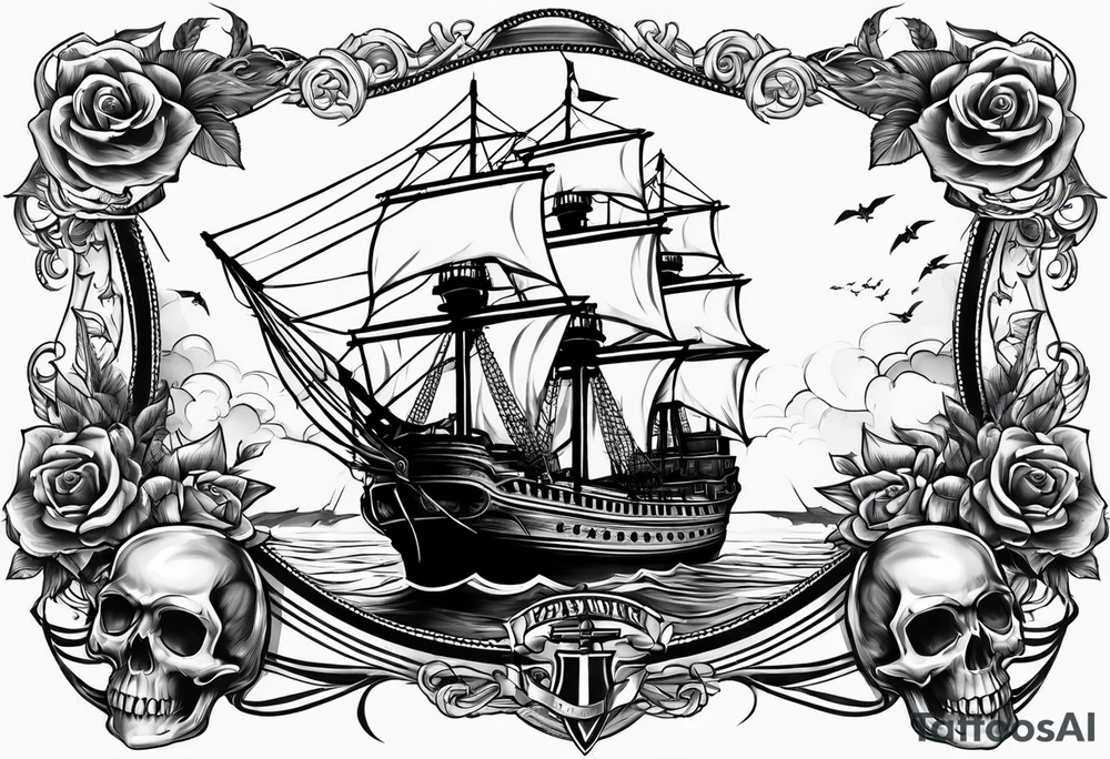 patriotic banner with skulls and ships tattoo idea