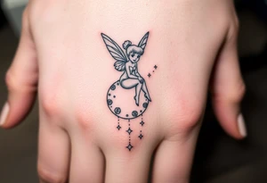 Tinkerbell sitting on a crest moon thrown pixie dust tattoo idea