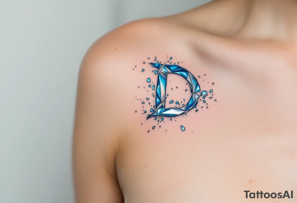 Broken Glass D – A fragmented D made to look like shattered glass, using gradients of icy blues and silvers. tattoo idea