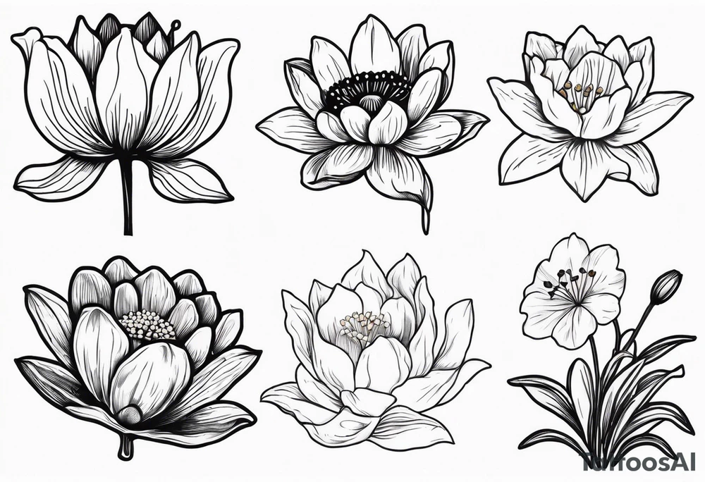 Poppy, water lily, Lily of the valley, daffodil, cosmo flower bouquet, portrait style tattoo idea