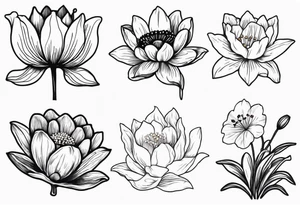 Poppy, water lily, Lily of the valley, daffodil, cosmo flower bouquet, portrait style tattoo idea
