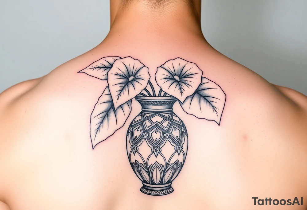 Large Decorative ornamental
 vase with large philodendron leaves tattoo idea
