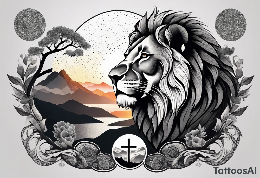 Tattoo in the shape of a lion head with a father and son in the mountains with  a waterfall and cross in the background and a sunset inside of it tattoo idea