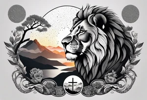 Tattoo in the shape of a lion head with a father and son in the mountains with  a waterfall and cross in the background and a sunset inside of it tattoo idea