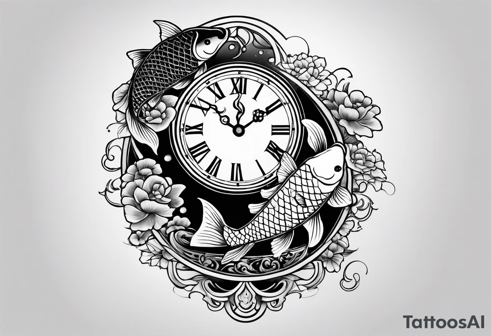 Koi fish and old clock tattoo idea