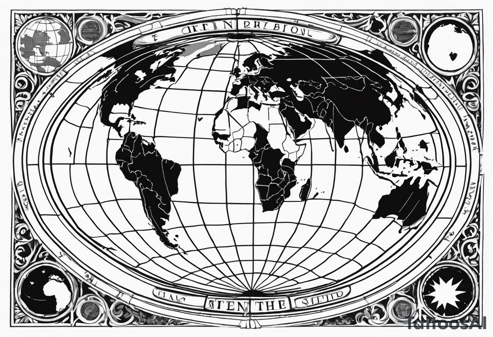 the earth on a flat map with no shading placed on a grid with only the lines with accurate depictions of the borders in countries while having it in an oval/circular position on a grid without any borders on the sides while having the countries not have such bold borders tattoo idea