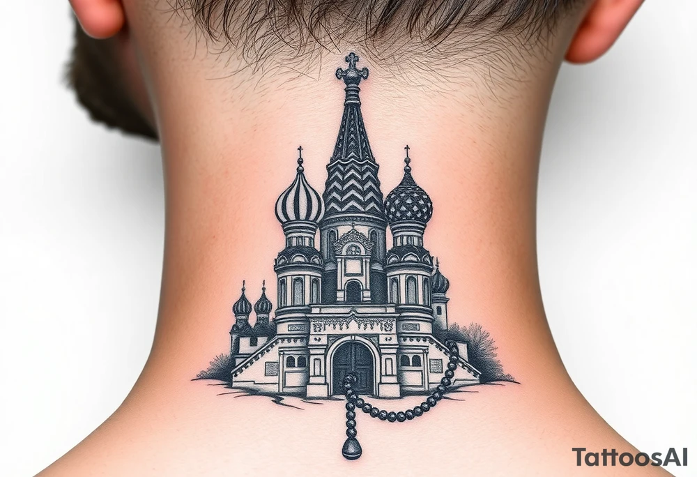 St. Basil's Cathedral scene with a christian orthodox in a ak47 style with a beaded orthodox thurible chain tattoo idea