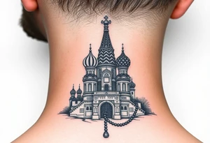 St. Basil's Cathedral scene with a christian orthodox in a ak47 style with a beaded orthodox thurible chain tattoo idea