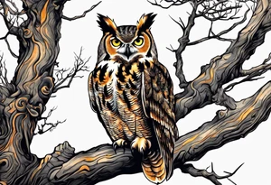 great horned owl in tree on back tattoo idea