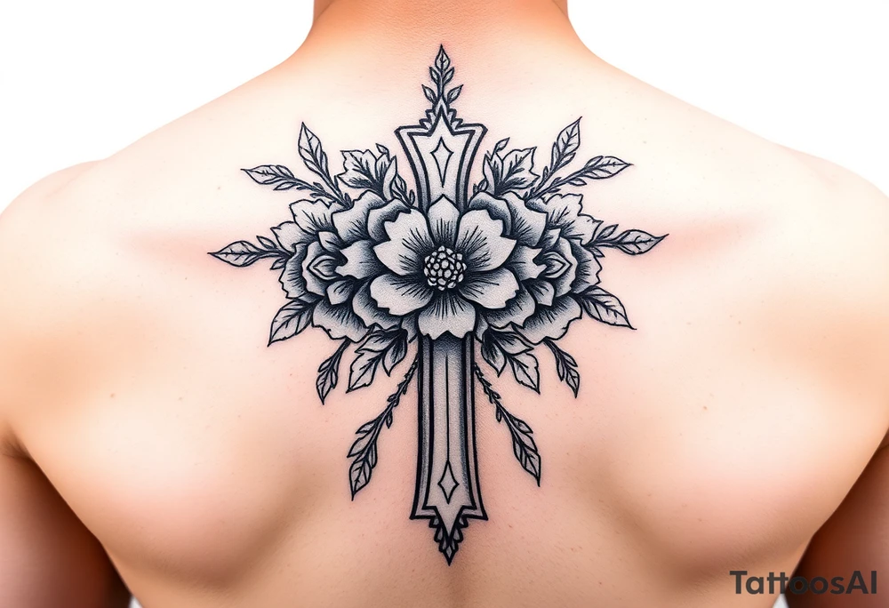 Small feminine Floral cross tattoo idea