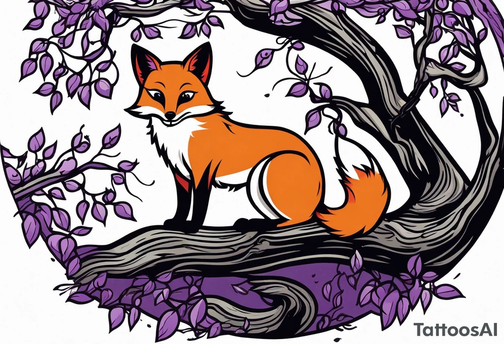 A red fox playing with a black cat underneath a weeping willow tree with purple and green leaves tattoo idea
