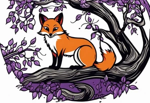 A red fox playing with a black cat underneath a weeping willow tree with purple and green leaves tattoo idea