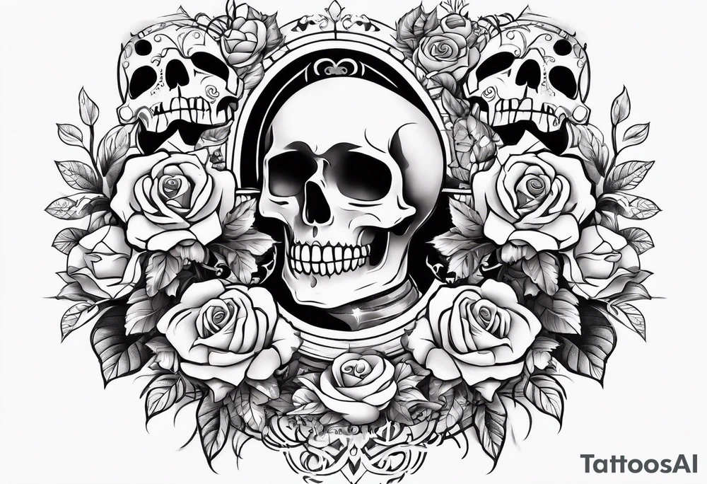 chest tattoo covering lover part of the neck. contains skulls, roses and muertos style girls tattoo idea