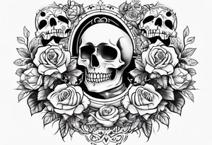 chest tattoo covering lover part of the neck. contains skulls, roses and muertos style girls tattoo idea