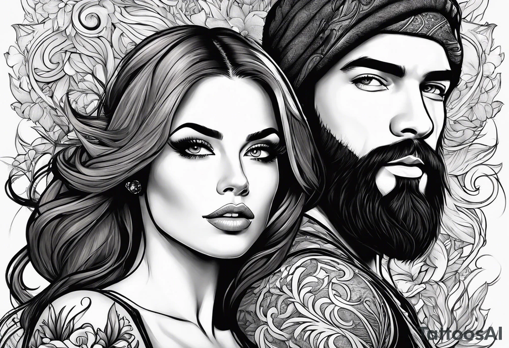 Busty red haired woman with a bearded man who has black hair tattoo idea