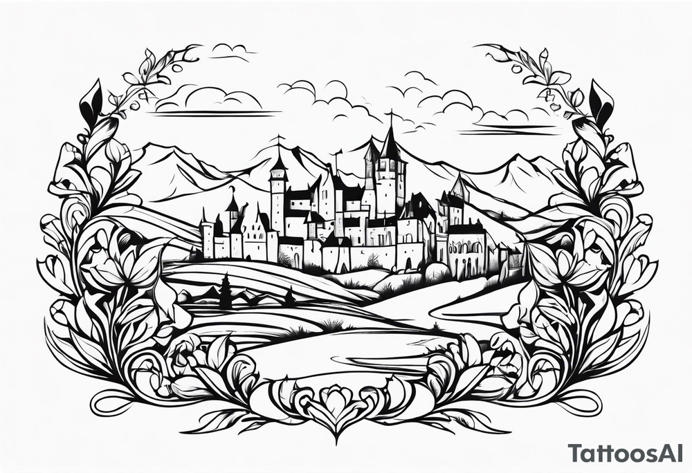 medieval tribal city 
floral  land  vignette tattoo idea