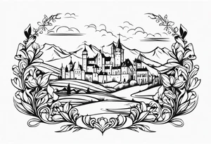 medieval tribal city 
floral  land  vignette tattoo idea