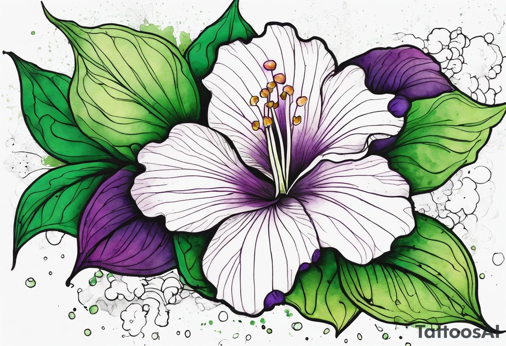 An outline of a green rio dipladenia flower and a green and purple watercolor splash in the background tattoo idea
