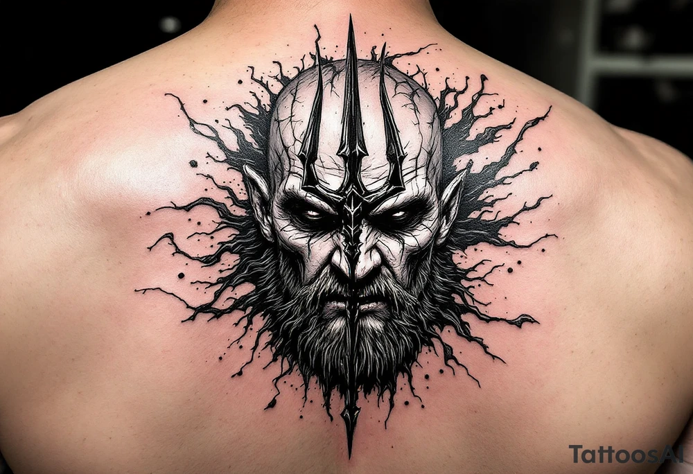 mad man face behind trident tattoo idea