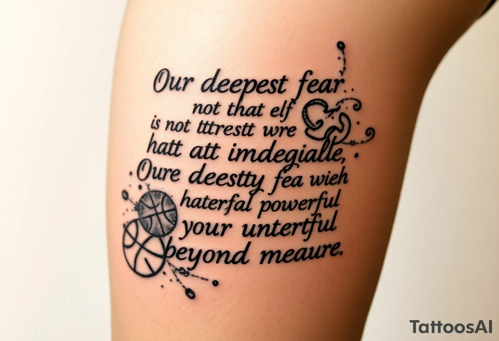 the quote is “ Our deepest fear is not that we are inadequate, Our deepest fear is that we are powerful beyond measure” intertwined with meaningful basketball things with it tattoo idea