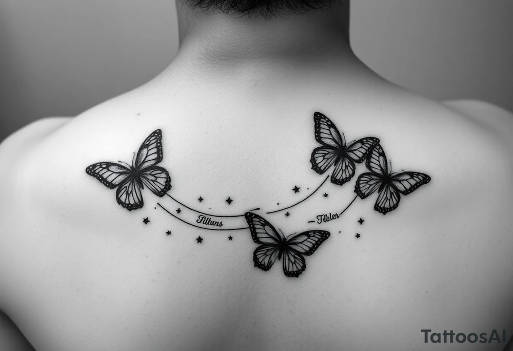 Six Butterflies with kids names streaming down arm tattoo idea