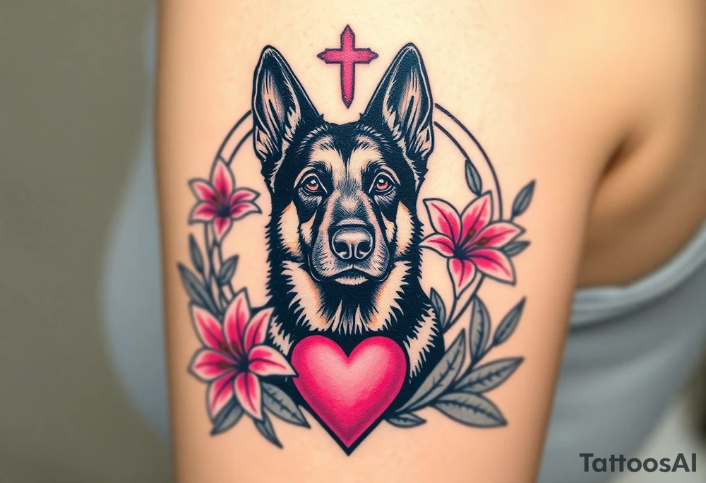 strong looking short haired german shepherd with alert ears surrounded by pink lilies with large leaves in front of a sacred heart tattoo idea