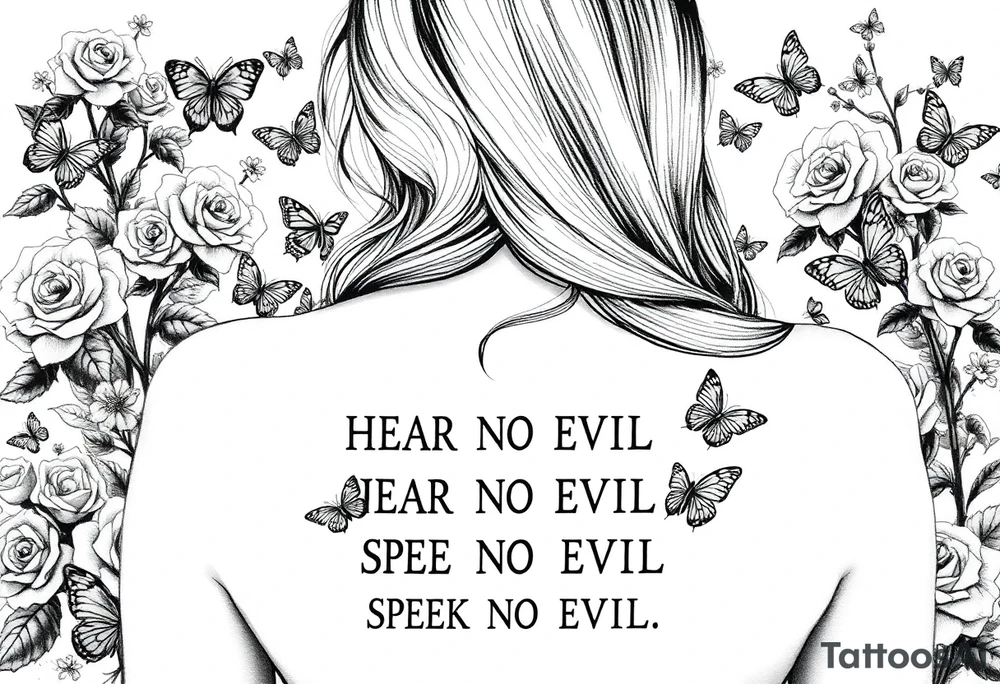 A women with long flowing hair facing foward i. A garden full 9f beautiful roses and flowers that are surrounded by medium butterflies small butterflys and even smaller butterflies that is telling us HEAR NO EVIL SEE NO EVIL SPEAK NO EVIL tattoo idea