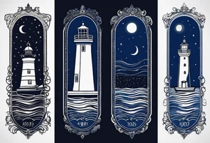 bateau, phare maritime et lune bleu.délicat,minimaliste. tattoo idea
