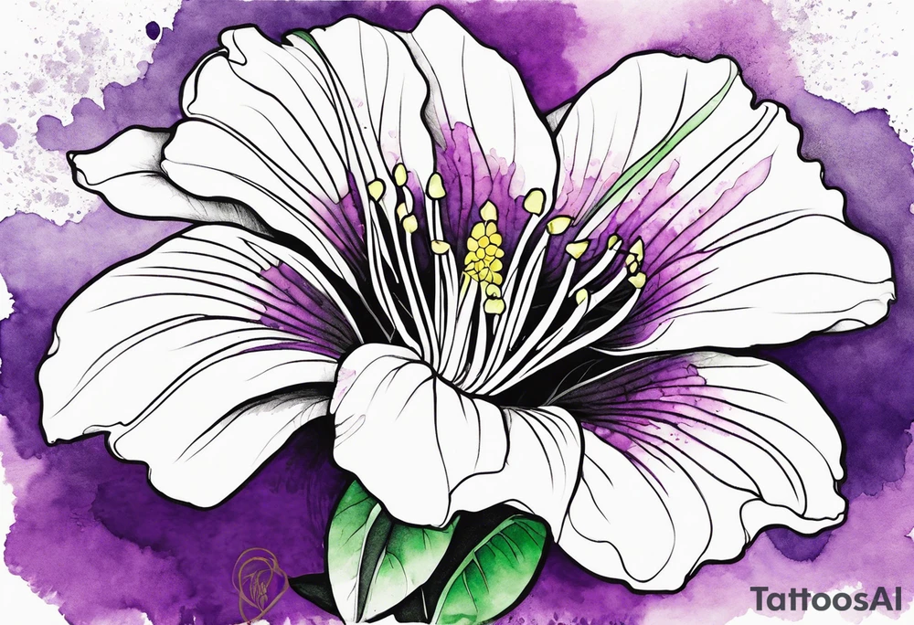 An outline of a rio dipladenia flower with a green and purple watercolor mix in the background tattoo idea
