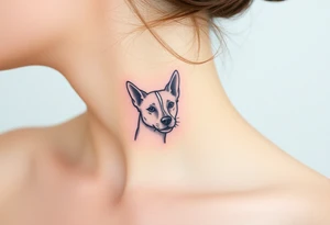 One line tattoo of female dog with white strip going up dog’s snout slightly off centered. With young slightly out tattoo idea