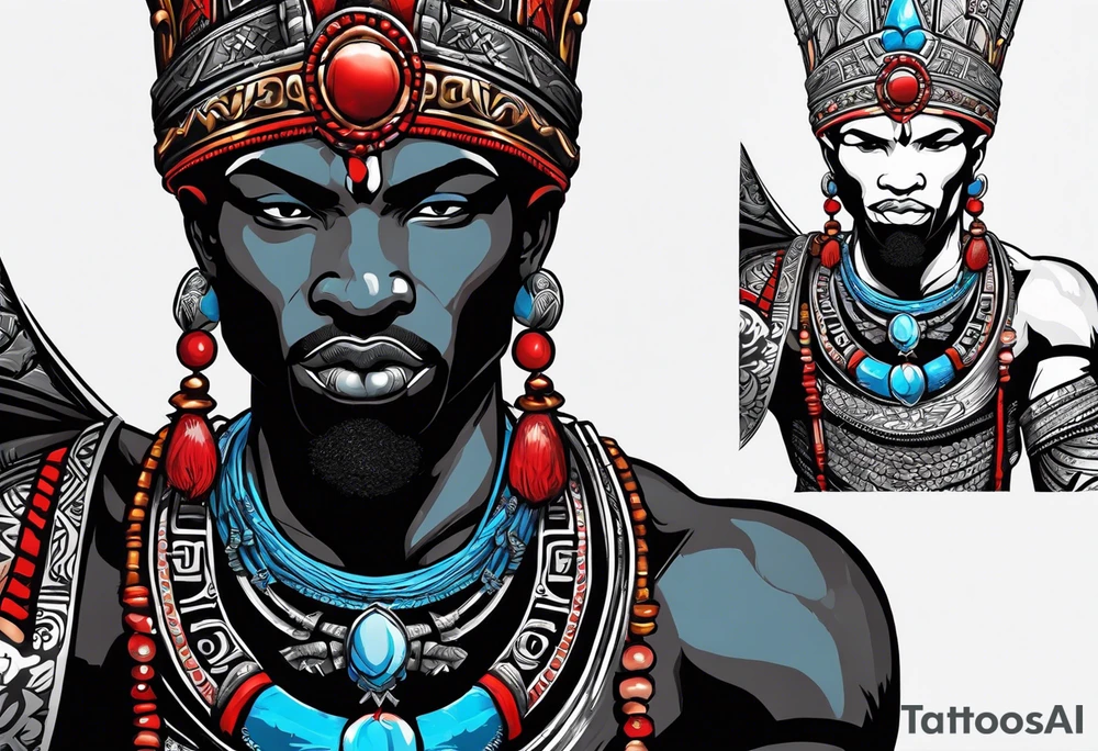 Black-skinned bald african god of war. He has a silver crown. He wears two simple necklaces: one blue, other red. Looking front tattoo idea