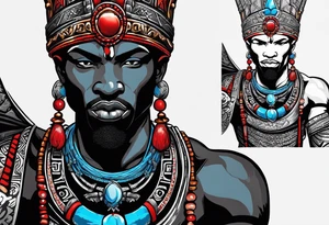 Black-skinned bald african god of war. He has a silver crown. He wears two simple necklaces: one blue, other red. Looking front tattoo idea