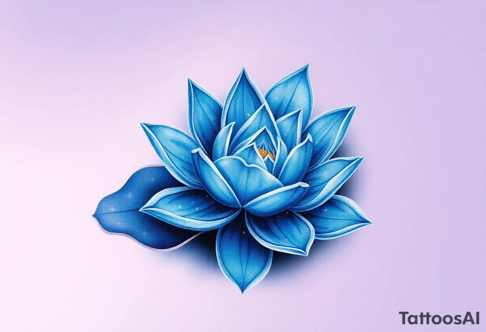 A deep blue water lily, with soft silver outlines and subtle star-like sparkles, floating gently on dark water, symbolizing dreams and the mystical journey of love tattoo idea