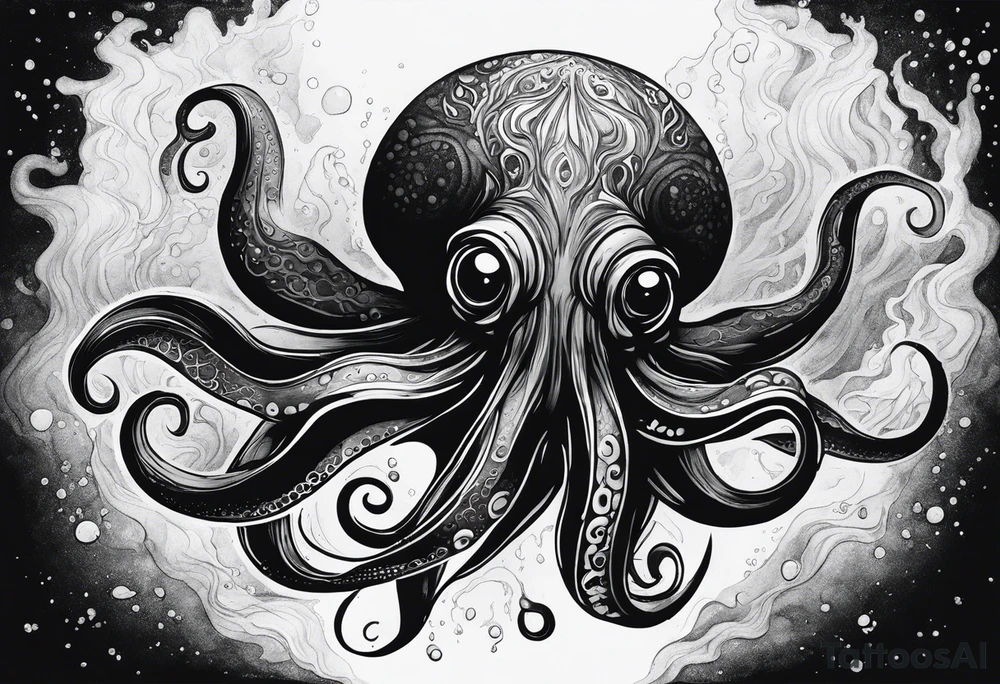 A visual representation of the horror squid concept, showing the squid becoming invisible in ink, its body turning black to blend in with its deep sea environment. The overall environment is dark, creating an eerie underwater atmosphere. tattoo idea
