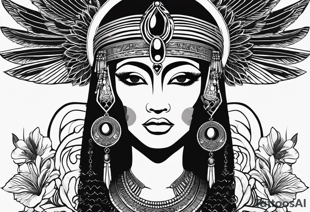 black and white Egyptian goddess Isis, who is often depicted as a woman with outstretched wings, holding an ankh (a symbol of life) in one hand and a lotus flower in the other. Her headdress often includes a throne or a solar disk. The tattoo design can vary in style and size, but it typically aims to capture the essence of this revered Egyptian deity, emphasizing her beauty, power, and maternal qualities. The choice of colors and additional elements can also be customized to create a unique and visually striking representation of the goddess Isis tattoo idea