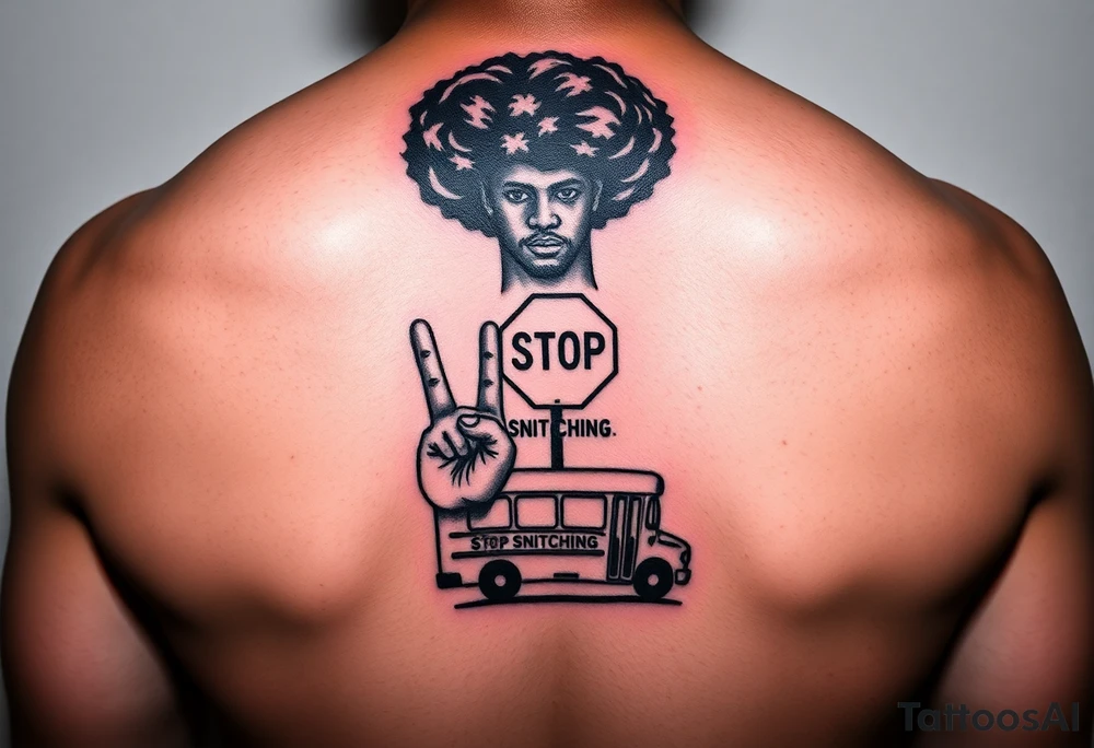 an african american with an afro with his hands standing in front of him with one hand vertically and one horrizonal in the shape of a T standing of a short bus with a stop sign that says STOP SNITCHING tattoo idea