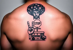 an african american with an afro with his hands standing in front of him with one hand vertically and one horrizonal in the shape of a T standing of a short bus with a stop sign that says STOP SNITCHING tattoo idea