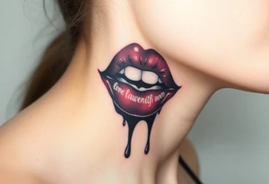 Seductive Stain from lipstick kiss with name lrs lowercase with drool black and white no teeth showing tattoo idea