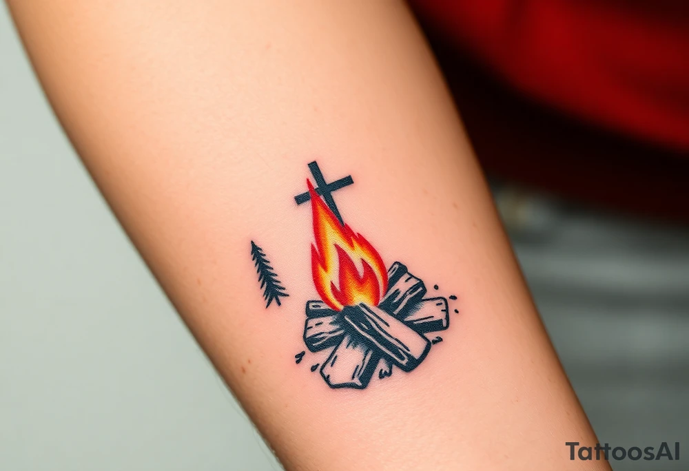 Campfire with cross include the great outdoors and night sky make sure cross doesn't look like it is on fire tattoo idea
