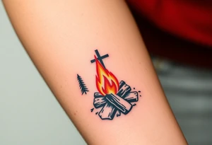 Campfire with cross include the great outdoors and night sky make sure cross doesn't look like it is on fire tattoo idea
