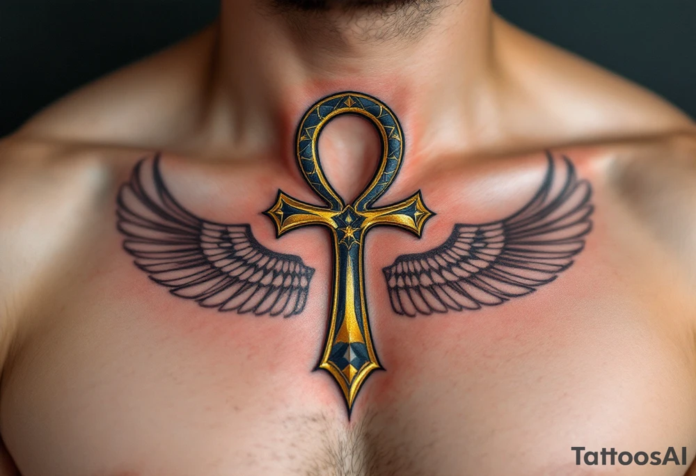 A gold and black Ankh resting in the center of the chest, symbolizing eternal life and divine energy. tattoo idea