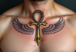 A gold and black Ankh resting in the center of the chest, symbolizing eternal life and divine energy. tattoo idea