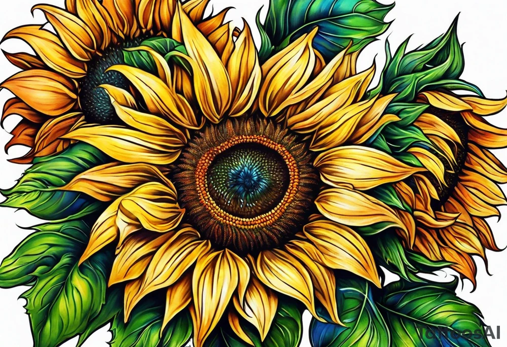 Colorful sunflower arm sleeve tattoo idea