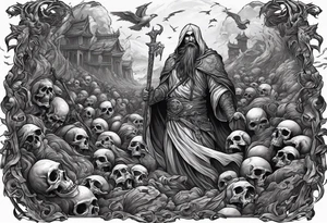 Necromancer raising an army of the dead from dead bodies on a battlefield tattoo idea