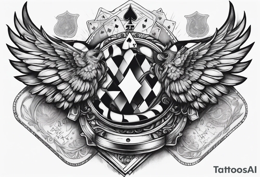 full chest tattoo with wings on shoulders with poker cards in the middle with shading tattoo idea