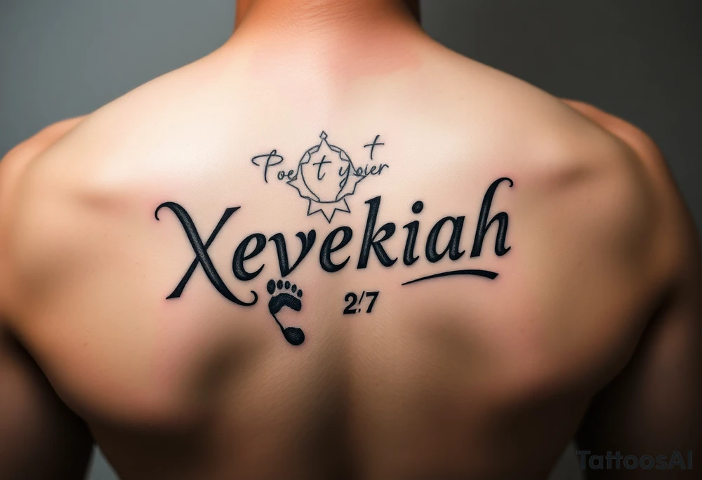 Xevekiah name tattoo, with foot print and date 8/7/23 tattoo idea
