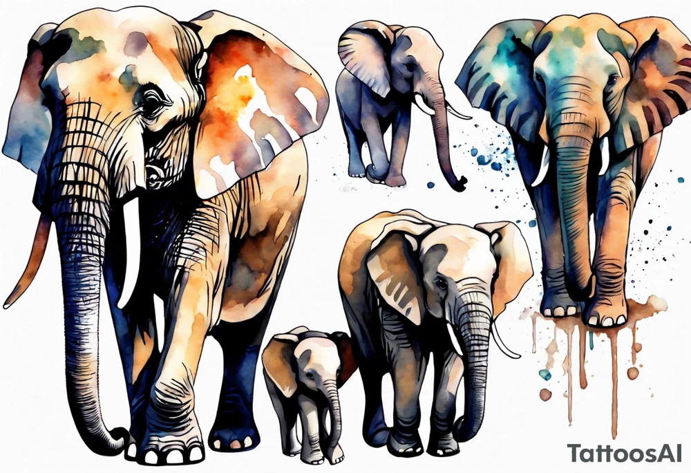 family of elephants including a mom and dad, 4 children, one of which is deceased. tattoo idea