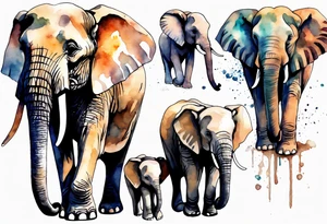 family of elephants including a mom and dad, 4 children, one of which is deceased. tattoo idea